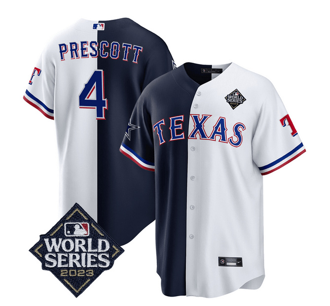 Men's Dallas Cowboys & Texas Rangers #4 Dak Prescott Navy/White Splite 2023 World Series Splite Stitched Baseball Jersey